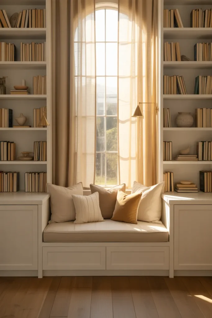 Built-in reading nook ideas pin with cream cushion, white shelves, and brass sconce