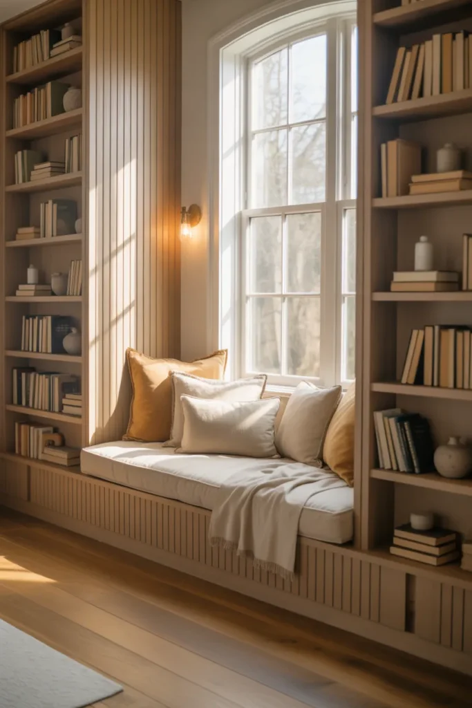Built-in reading nook under arched window with cream cushion, white shelves, and brass sconce