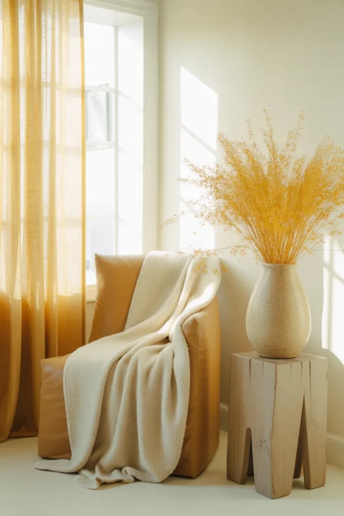 Butter yellow and soft white reading nook color palette with oak chair