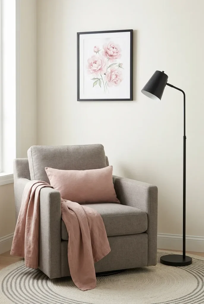 Calm pink and grey reading nook with dove grey armchair, blush throw, and black floor lamp.
