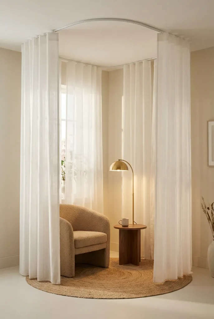Ceiling-track curtains in a U-frame creating a no-window reading nook canopy around a boucle armchair.