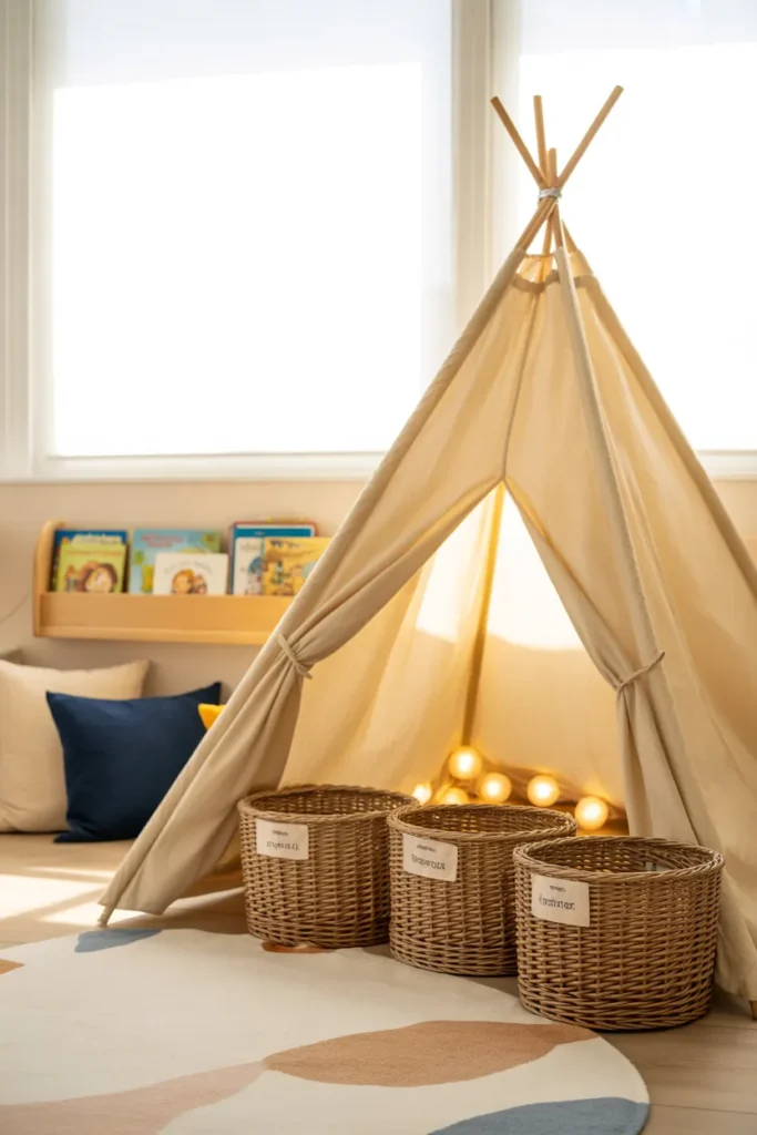Classroom reading tent corner with teepee and labeled book bins