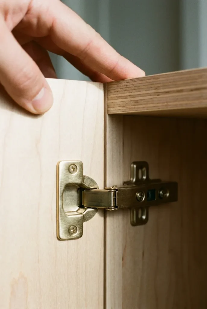 Close-up of a soft-close brass hinge connecting a plywood lid to a built-in reading bench frame.