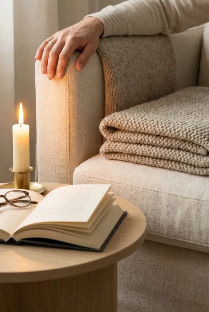Close-up of hygge reading nook details with cream armchair, candle, and open hardcover.