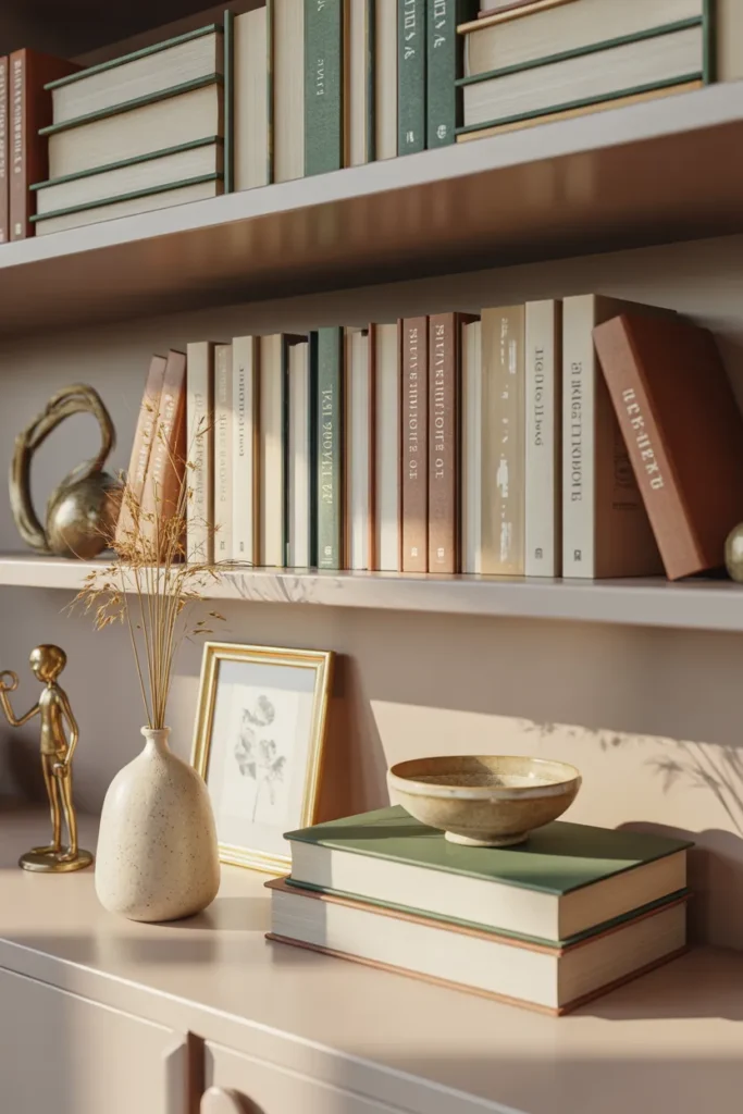 Close up of styled bookshelf with mixed book stacks ceramic vase and brass figurine