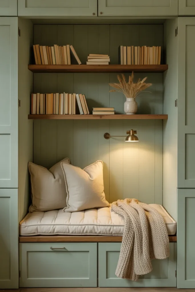 Closet converted into a sage green farmhouse reading nook with linen bench and floating shelves.