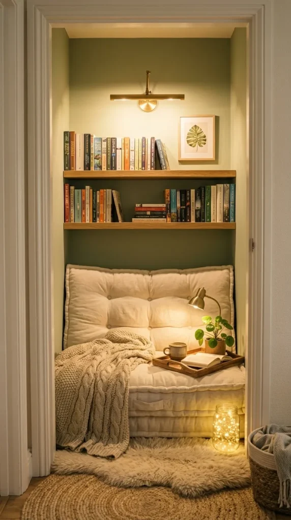 Closet converted into cozy corner reading nook with sage green walls and oak shelves
