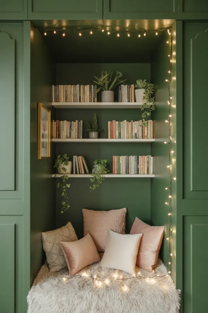 Closet converted into reading nook with sage green walls floating shelves and floor cushion