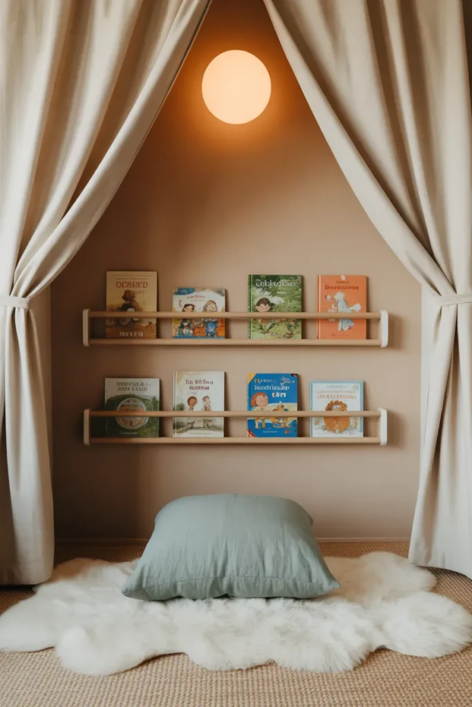 Closet converted to montessori reading nook with picture ledges and sheepskin rug.
