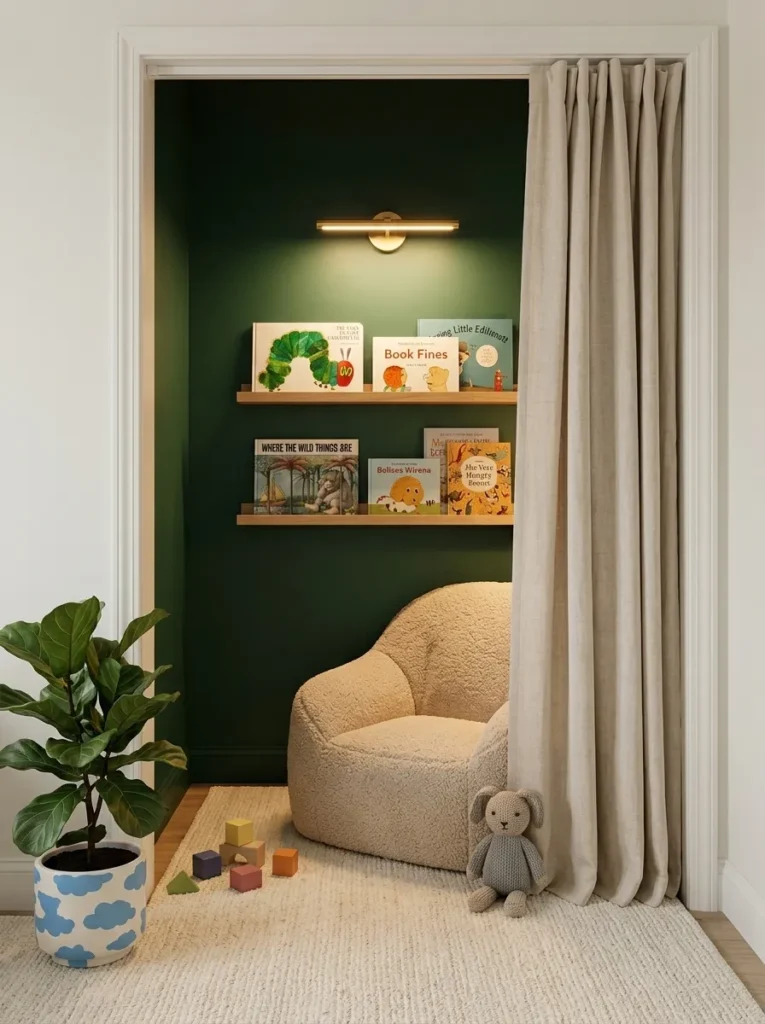 Closet reading nook bean bag with forest green wall, book ledges, and brass sconce in a cozy alcove