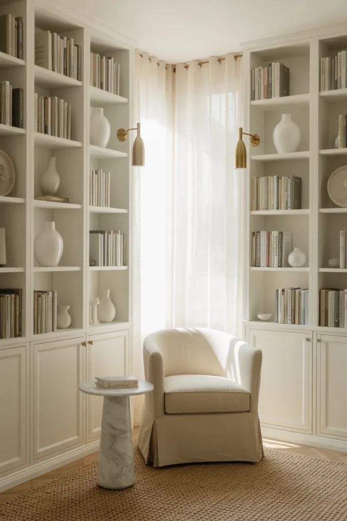 Coastal chic library reading nook with floor-to-ceiling white bookcase, slipcovered chair, and brass sconces