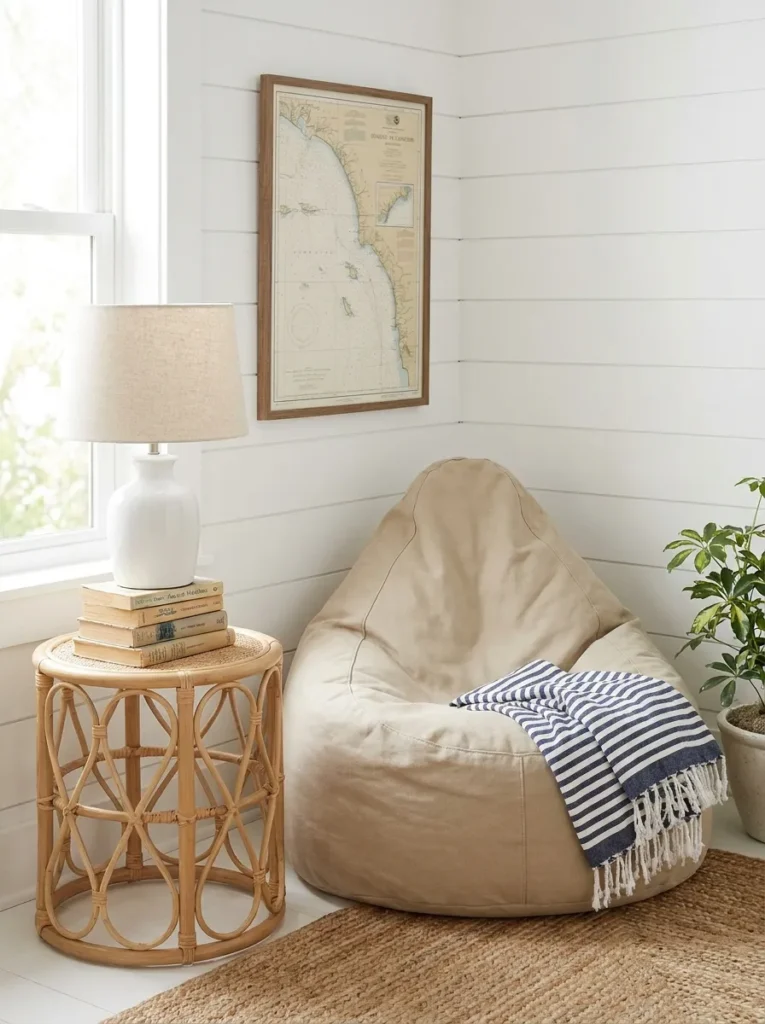 Coastal reading nook bean bag in sand color with navy striped throw and rattan side table