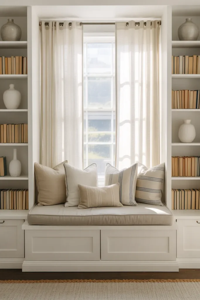 Coastal reading nook window seat with white shaker bench, linen cushion, and floor-to-ceiling whitewashed bookshelves