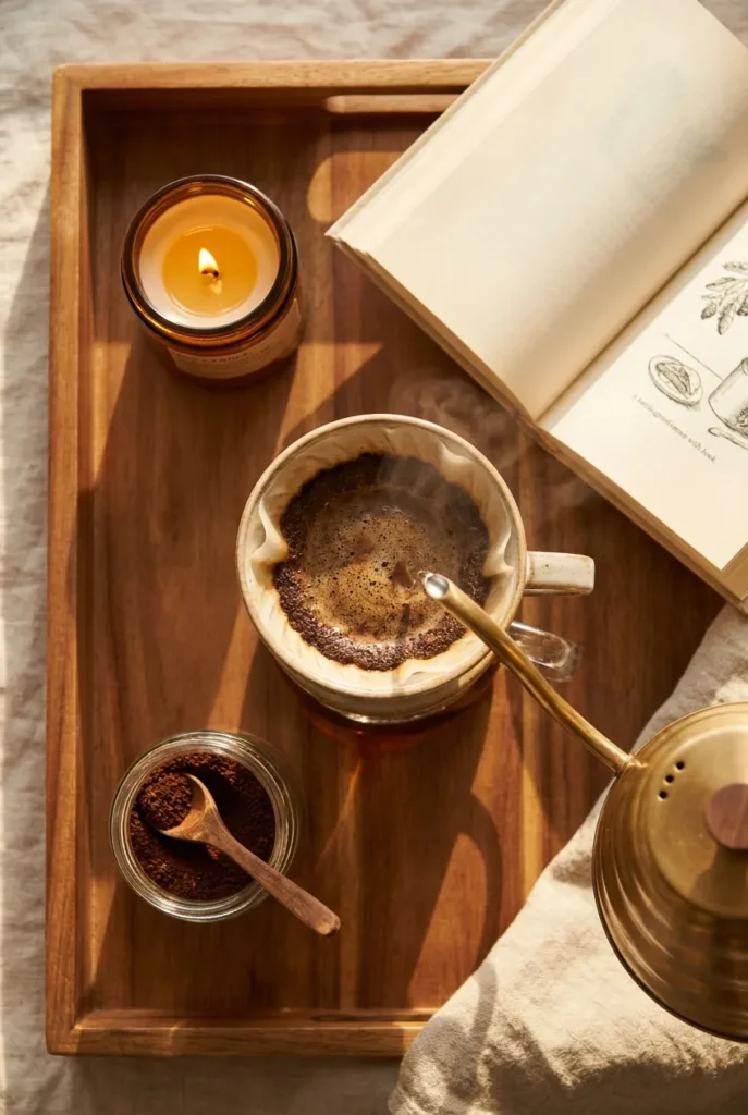 Coffee nook reading corner ritual with candle, gooseneck kettle pouring into ceramic dripper, and open book.