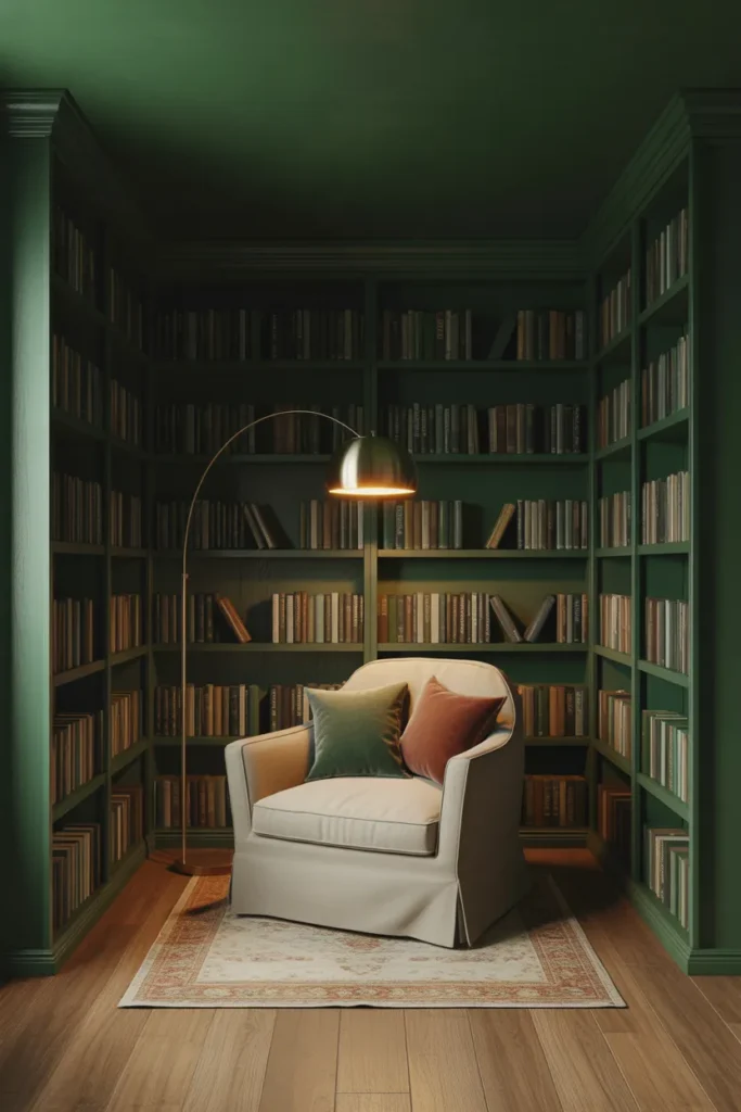 Color drenched reading nook in deep forest green with cream armchair and brass lamp