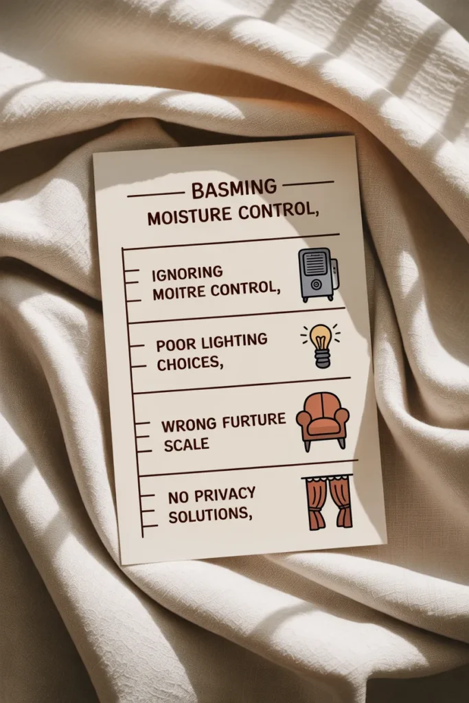 Common basement reading nook mistakes infographic with checklist for humidity, lighting, chair, and acoustics.