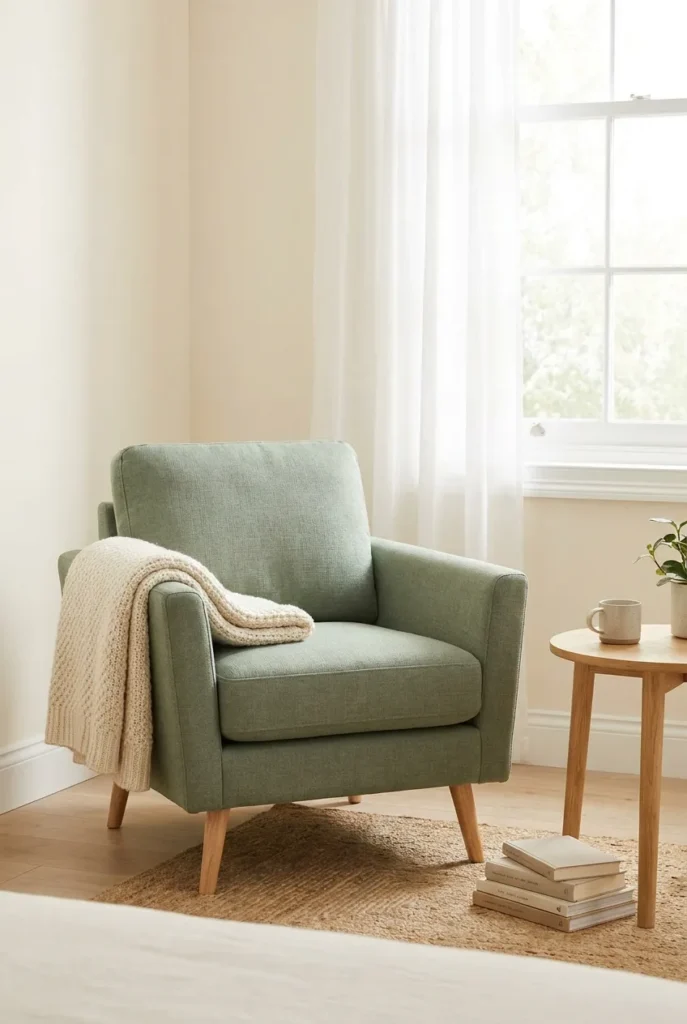 Compact armchair sized for a tween reading corner with side table and folded throw.