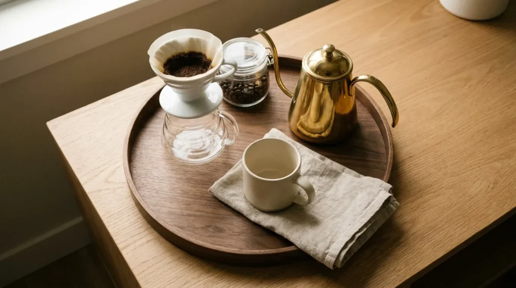 Compact coffee brew kit on a walnut tray with pour-over dripper, gooseneck kettle, and ceramic mug.
