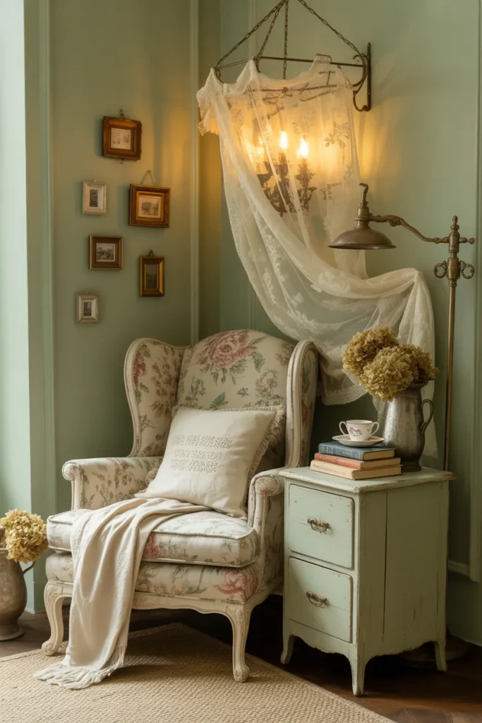 Complete grandmacore reading nook with floral wingback, brass sconce, and lace canopy.
