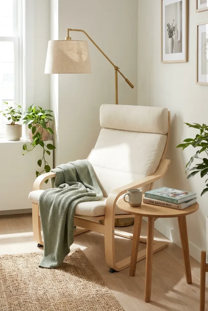 Corner reading chair in studio apartment with 18-inch rule side table placement.