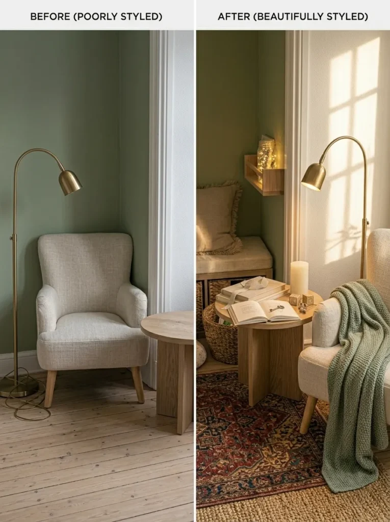 Corner reading nook before and after styling transformation