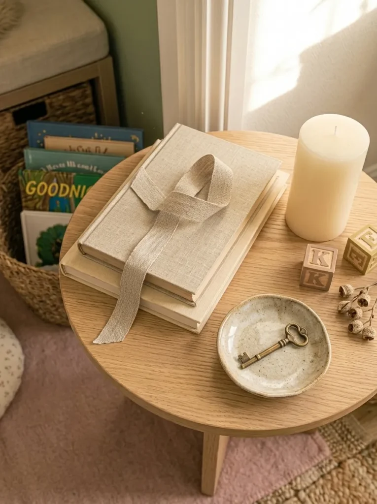 Corner reading nook side table styled with the 3-5-7 rule