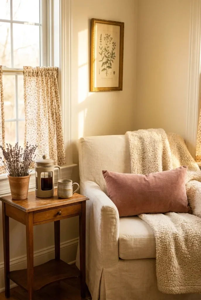 Cottagecore coffee nook reading corner with linen chair, stoneware French press, and dried lavender.