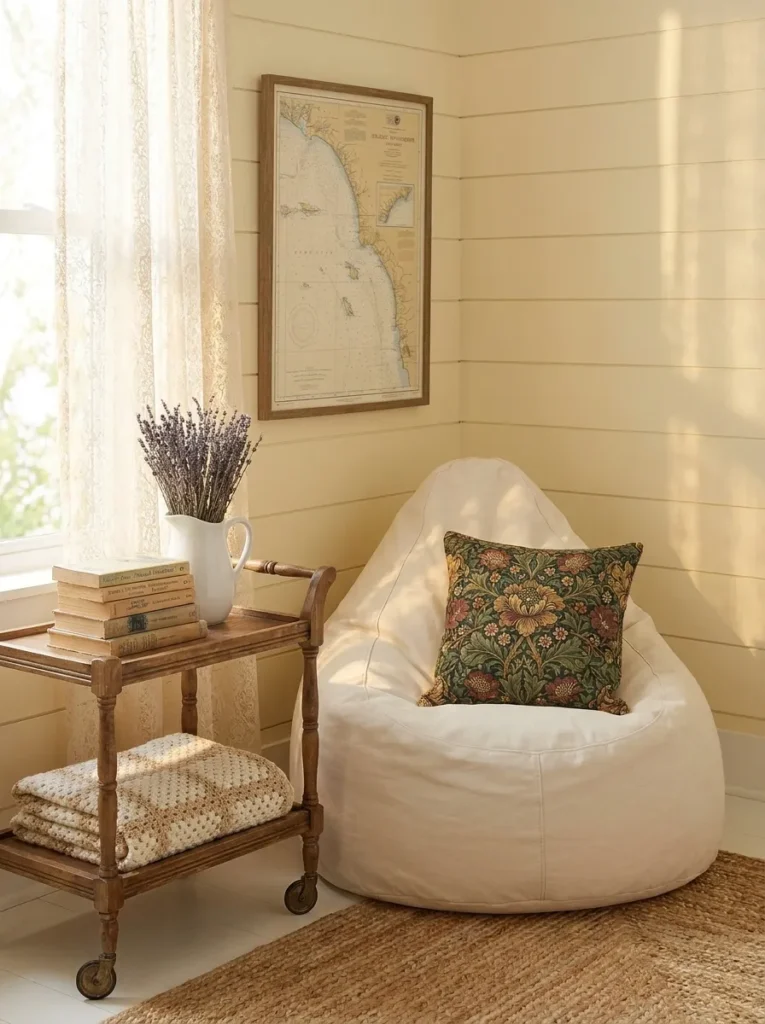 Cottagecore reading nook bean bag in cream with floral pillow, tea cart, and dried lavender