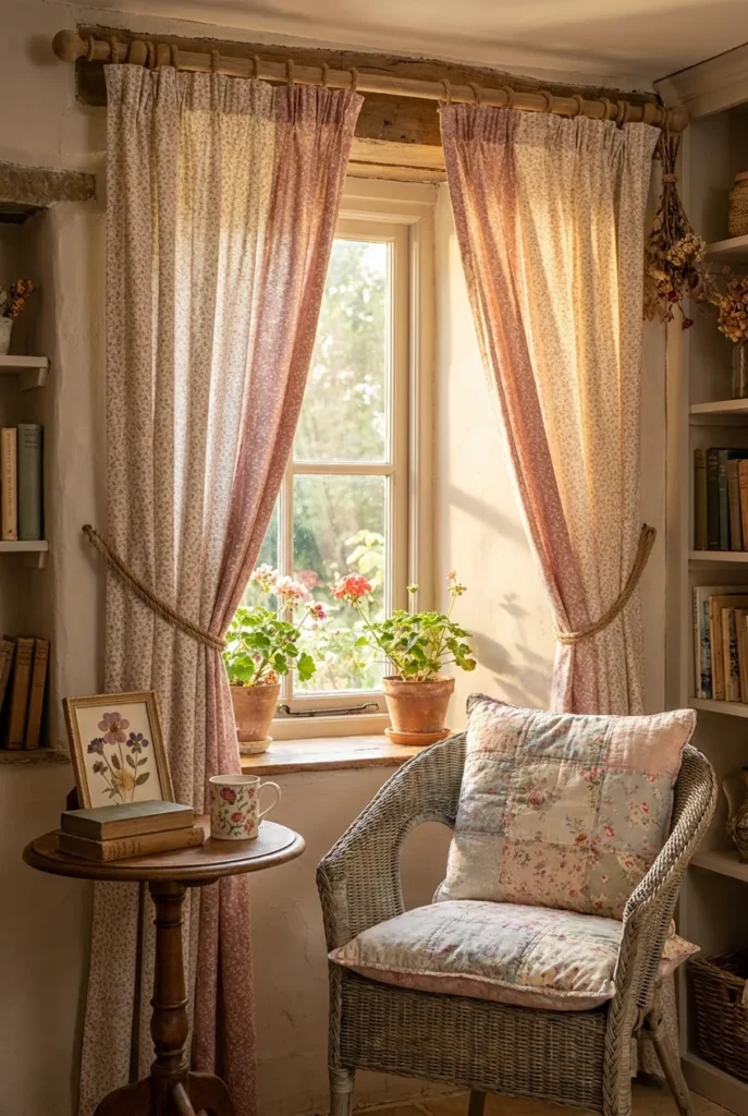 Cottagecore reading nook with floral cotton curtains, rope tiebacks, wicker chair, and golden afternoon light.