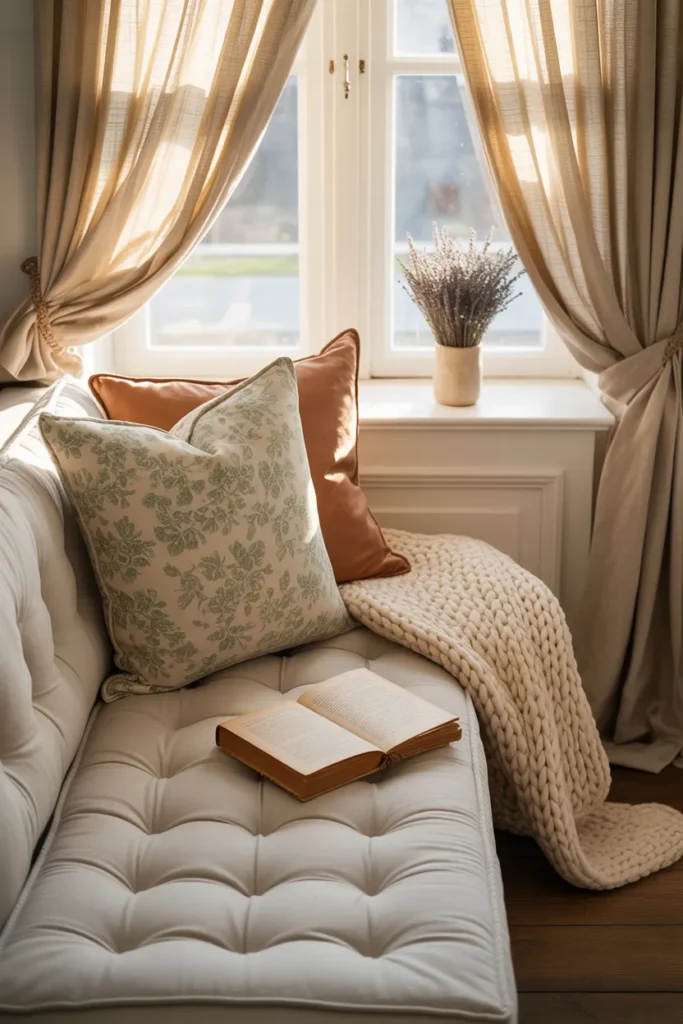 Cottagecore window seat cushions ideas with cream tufting sage floral pillow and dried lavender