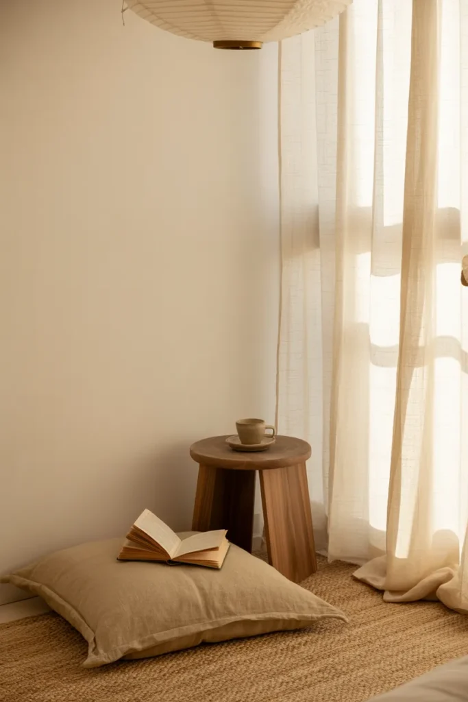 Cozy Japandi floor reading nook with linen cushion, jute rug, and walnut stool in small bedroom