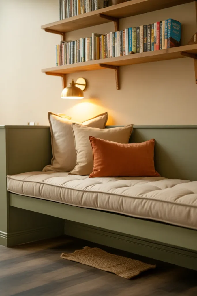 Cozy basement reading nook with sage green built-in bench, cream cushion, brass sconce, and book ledges in warm lamplight.