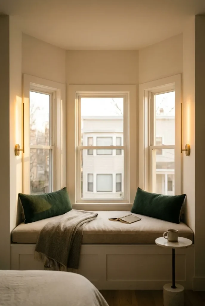 Cozy bay window reading nook with linen bench cushion, brass sconces, and a wool throw in warm afternoon light.