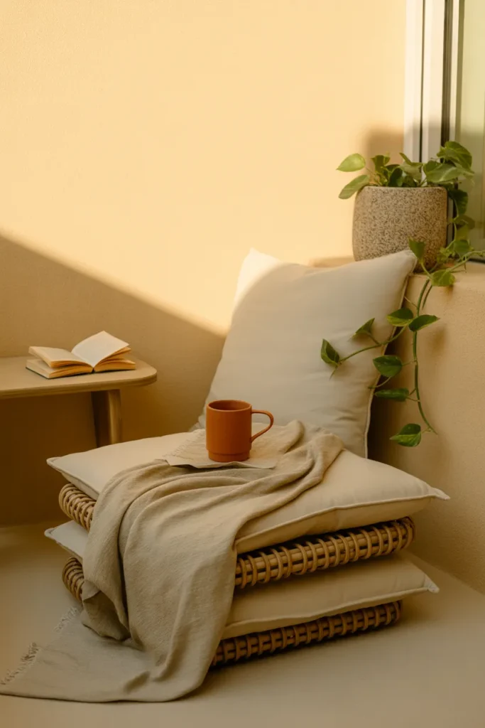 Cozy boho balcony reading nook with rattan floor cushion and pothos plant.