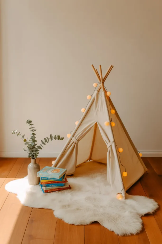 Cozy boho reading teepee for kids with fairy lights and book stack