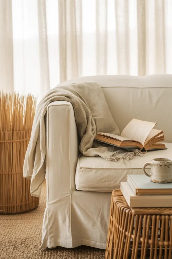 Cozy coastal reading nook with cream linen armchair, jute rug, and seagrass basket beside a sunny window
