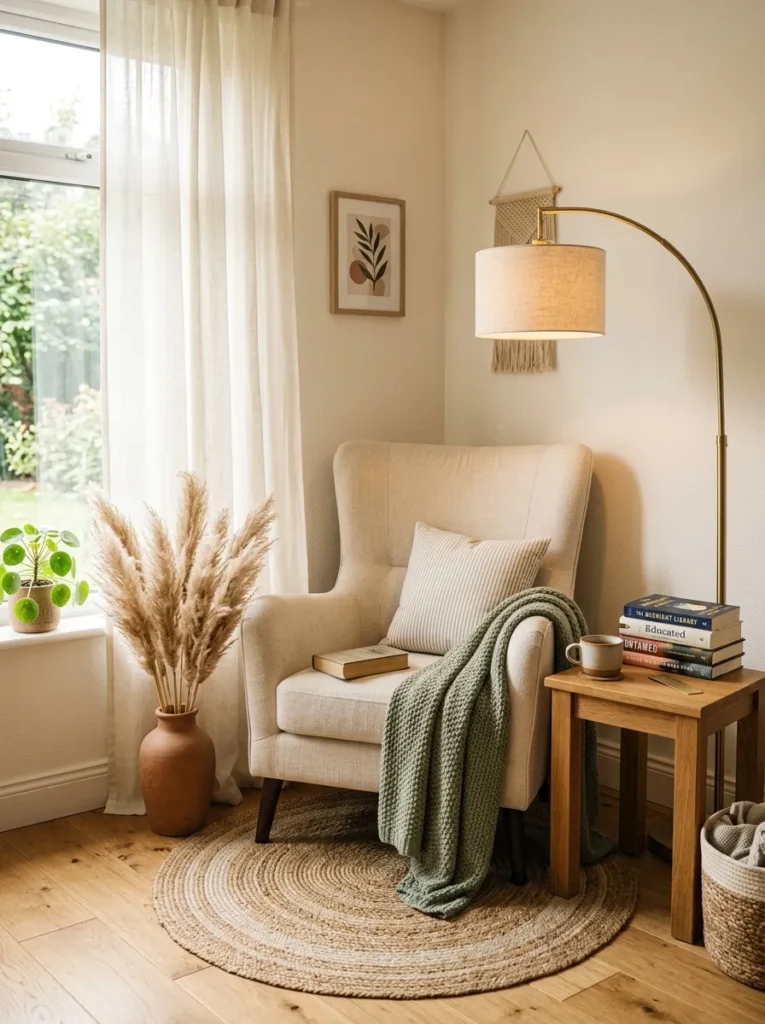 Cozy corner reading nook with cream armchair, brass lamp, and sage throw