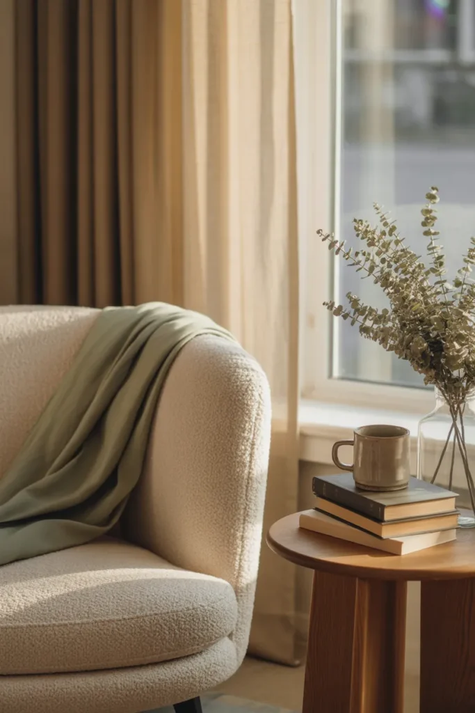 Cozy cream and sage reading nook color palette with armchair and books