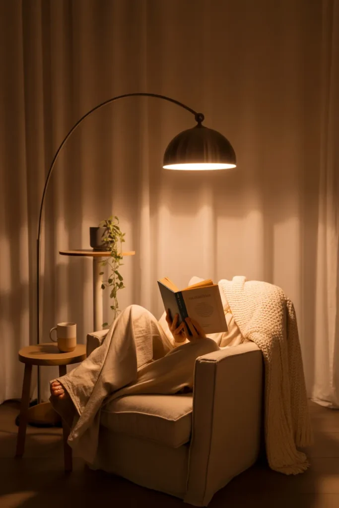 Cozy evening reading nook with arc floor lamp casting warm glow over linen armchair