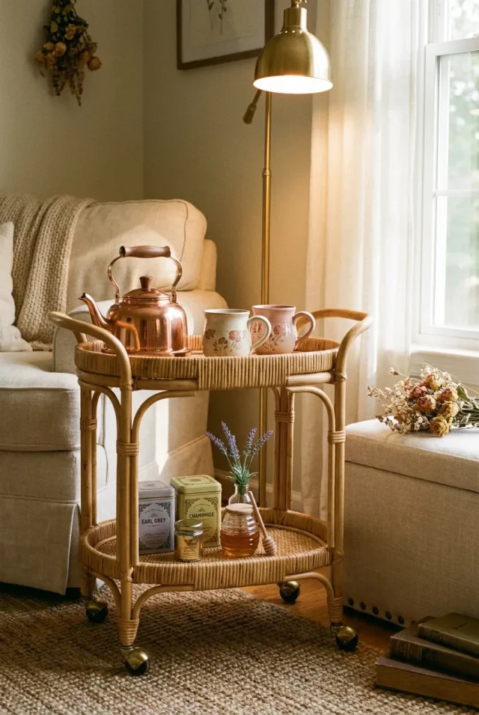 Cozy fairy tale reading nook tea station with rolling cart, copper kettle, and loose-leaf tea tins.