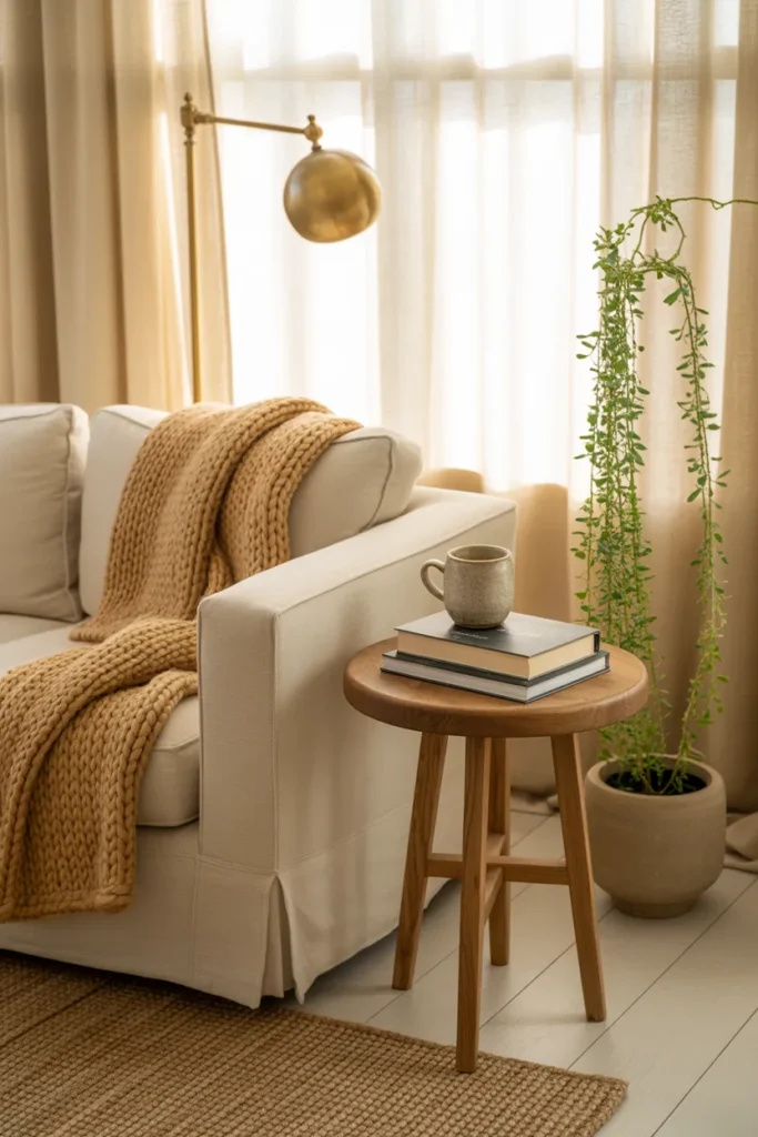 Cozy farmhouse reading nook with cream slipcovered armchair, oak side table, and brass sconce in sunny corner.