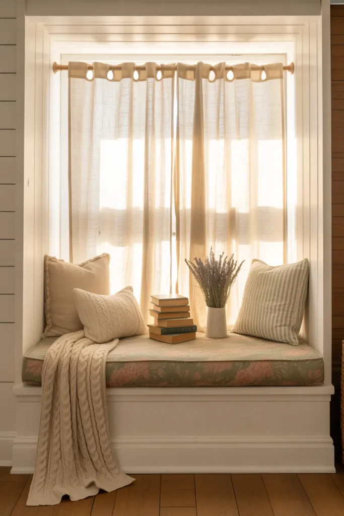 Cozy farmhouse window seat with floral cushion, cream knit throw, and sheer curtains in a sunlit corner.
