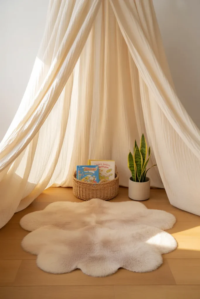 Cozy montessori reading nook for toddlers with muslin canopy and sheepskin rug in corner.