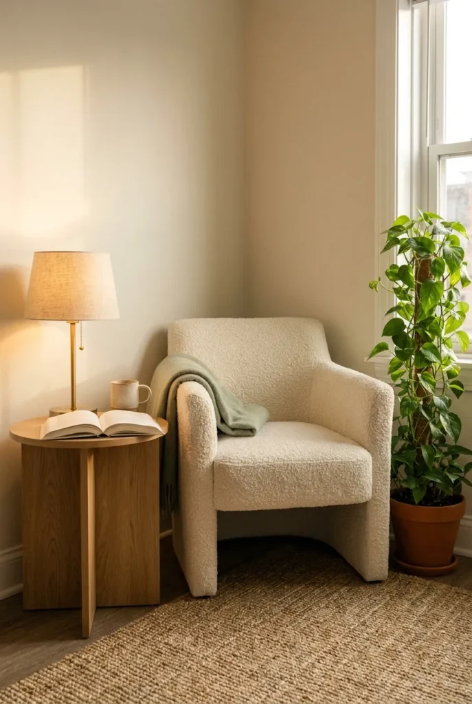 Cozy reading nook accent chair in cream bouclé with sage throw, oak side table, and warm lamp.