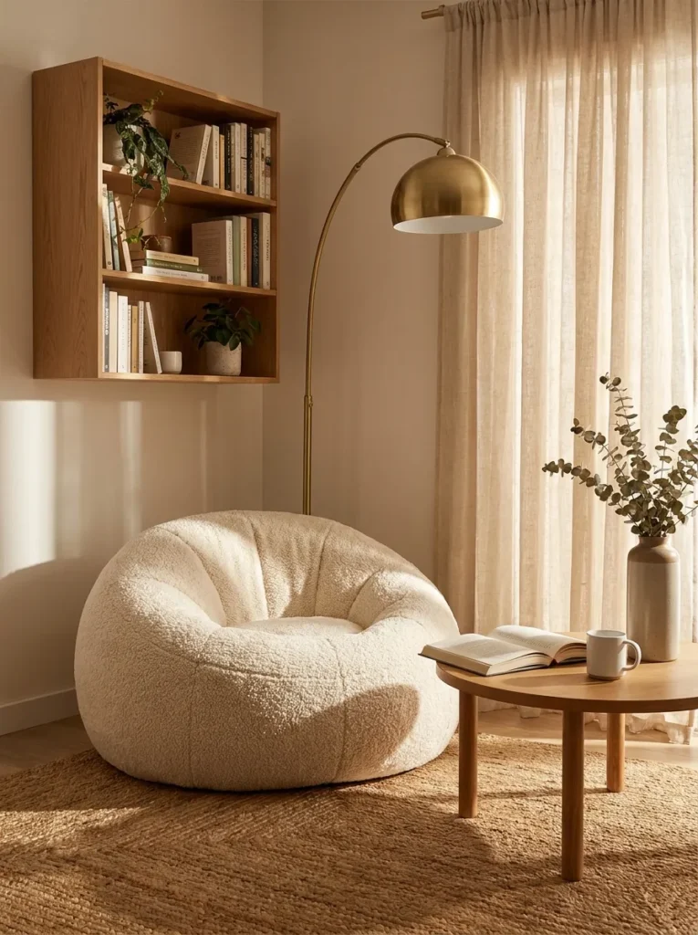 Cozy reading nook bean bag ideas with cream Sherpa floor seat, oak bookshelf, and brass lamp in warm daylight