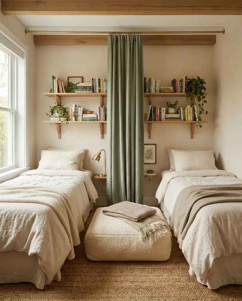 Cozy reading nook for shared bedrooms with twin beds and sage curtain divider