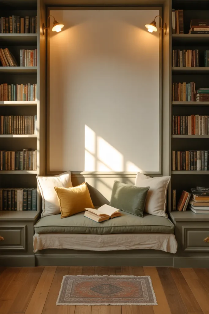 Cozy reading nook with bookshelves under a window styled for Pinterest with text overlay space