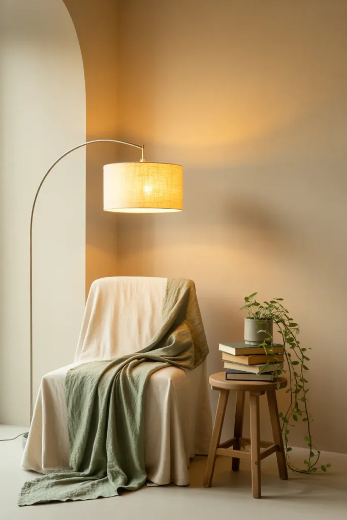 Cozy reading nook with brass arc floor lamp, cream armchair, and styled bookshelf