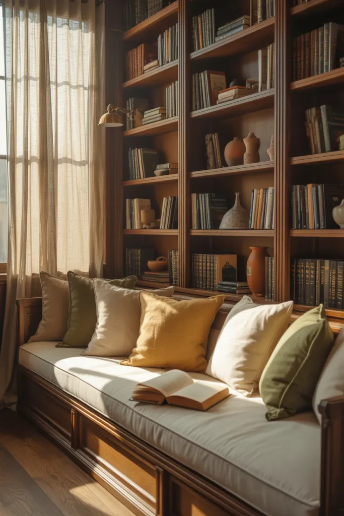 Cozy reading nook with bookshelves and cushioned bench seat in warm neutral colors