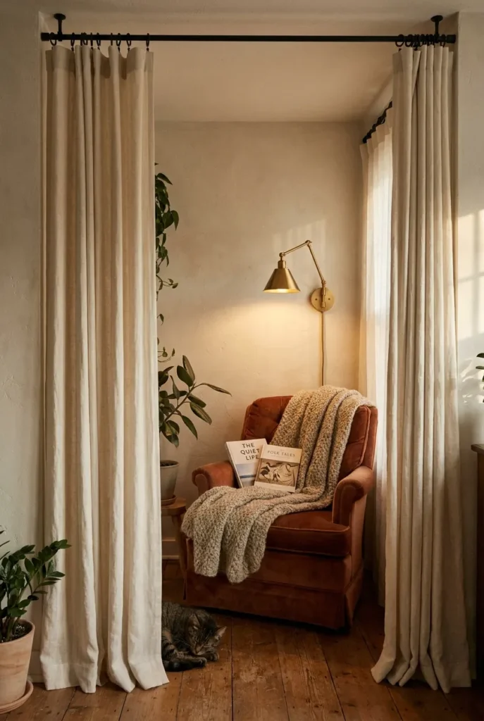 Cozy reading nook with cream linen curtains, vintage armchair, and warm sconce lighting.